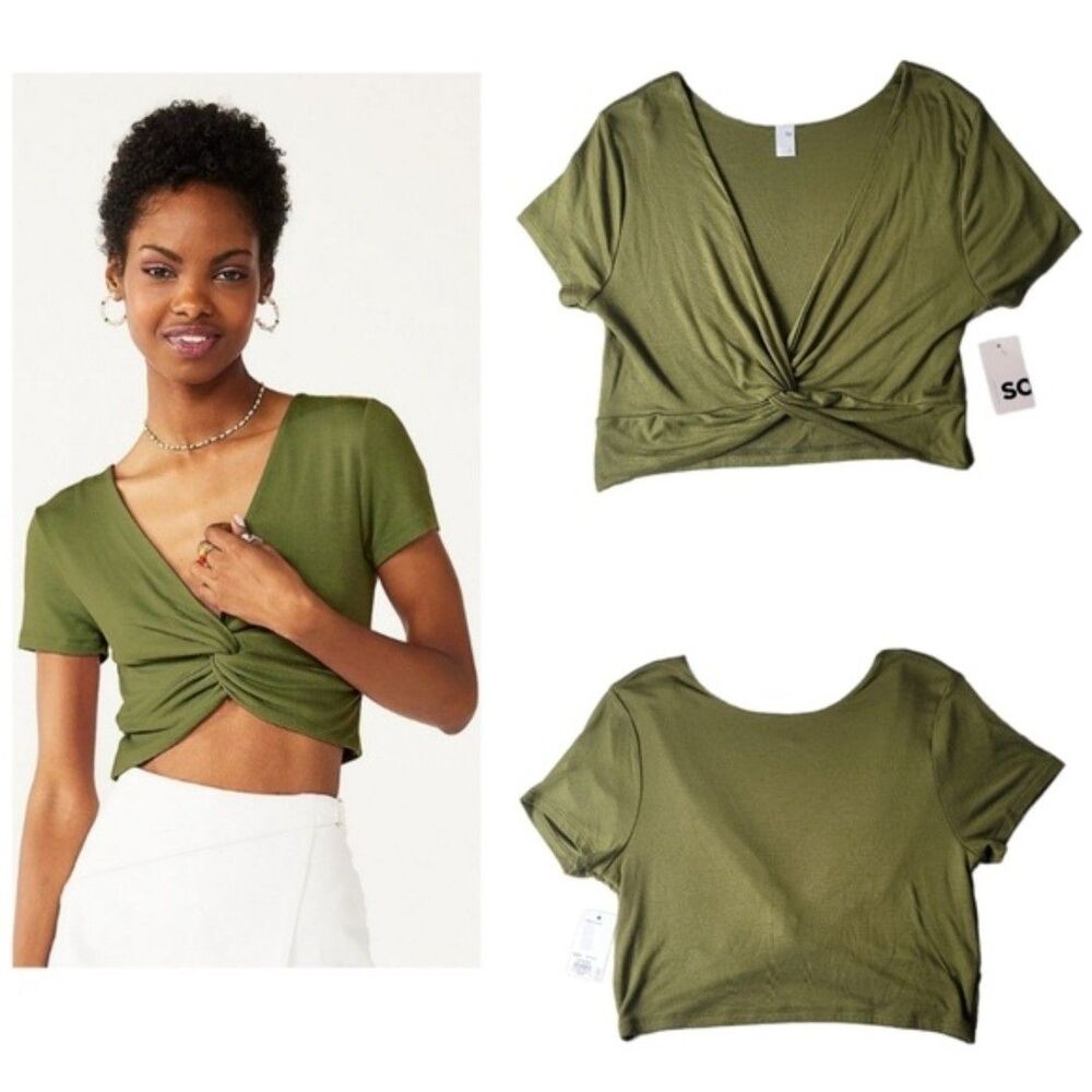 V-NECK Olive Short Sleeve Twist Tee Juniors Size XL